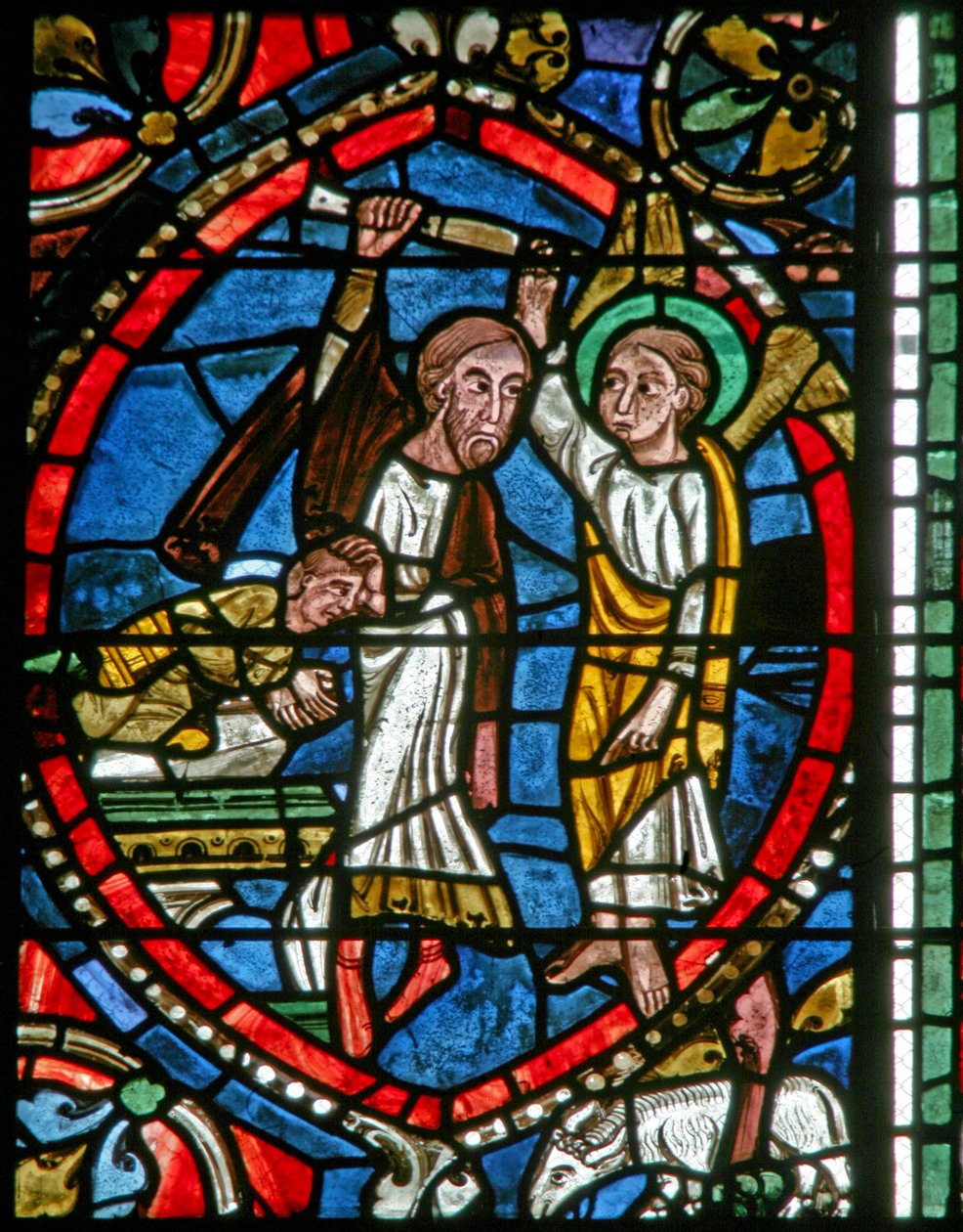 Fenster Nr. 5-L, Darstellung von Abraham wird von einem Engel daran gehindert, Isaak zu opfern von French School