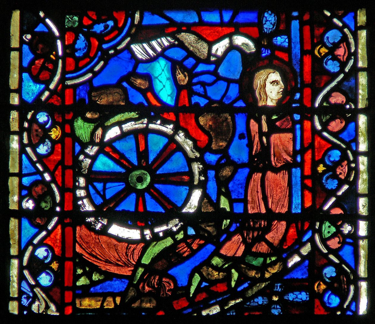 Fenster w53, Darstellung einer Szene aus dem Leben der St. Katharina: die Folterknechte bereiten das Rad für ihre Qual vor von French School