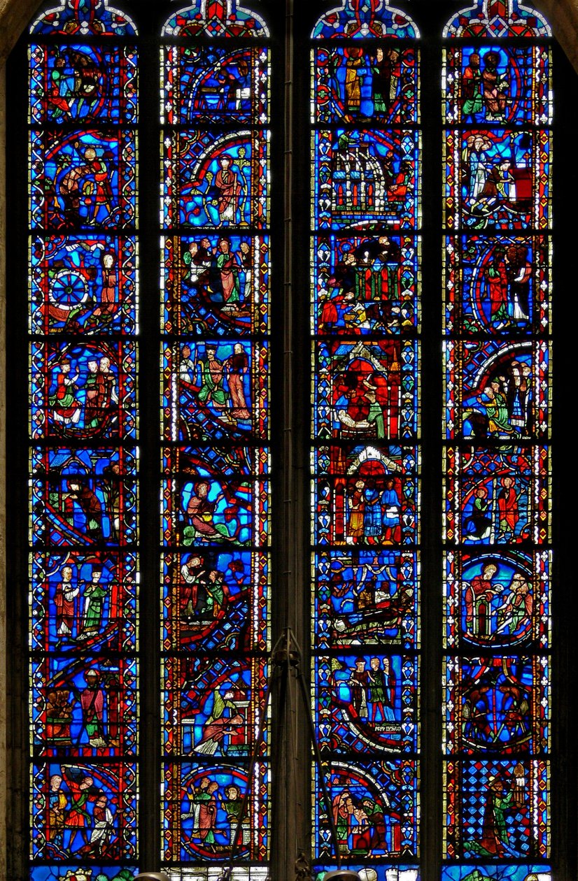 Fenster w53, Darstellung von Szenen aus dem Leben der St. Katharina, St. Nikolaus, St. Johannes der Täufer, St. Stephanus von French School