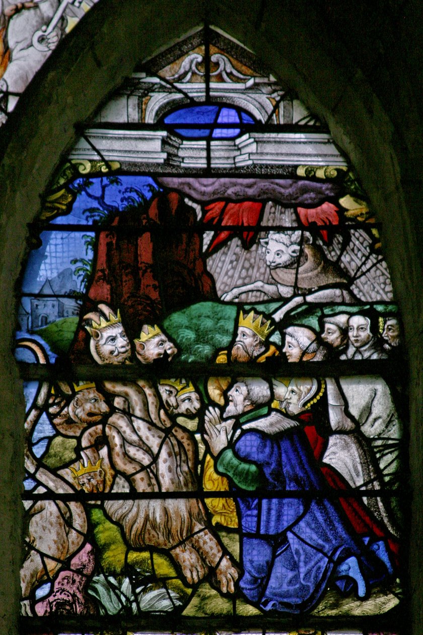 Fenster w5, Szene aus dem Buch der Offenbarung des Johannes: Die Könige der Erde beten das Tier an von French School