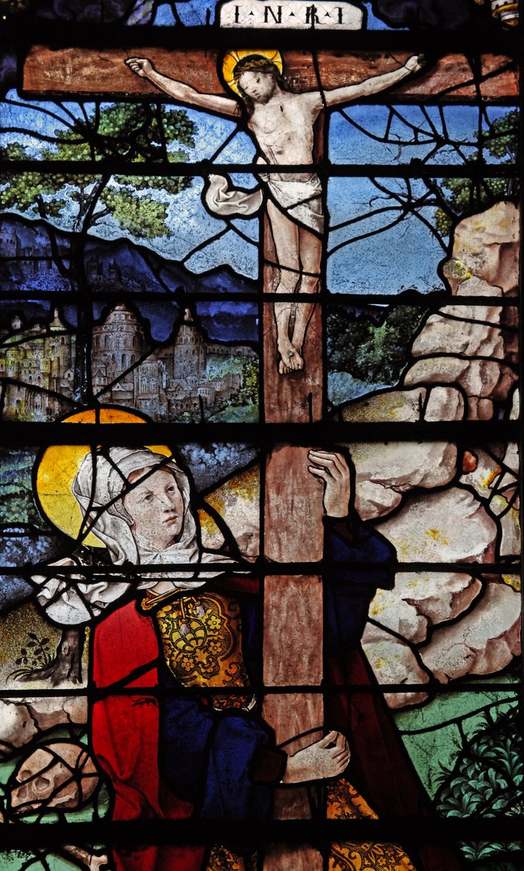 Fenster w5 mit einer Szene aus dem Leben der heiligen Maria Magdalena - die Heilige am Kreuz von French School