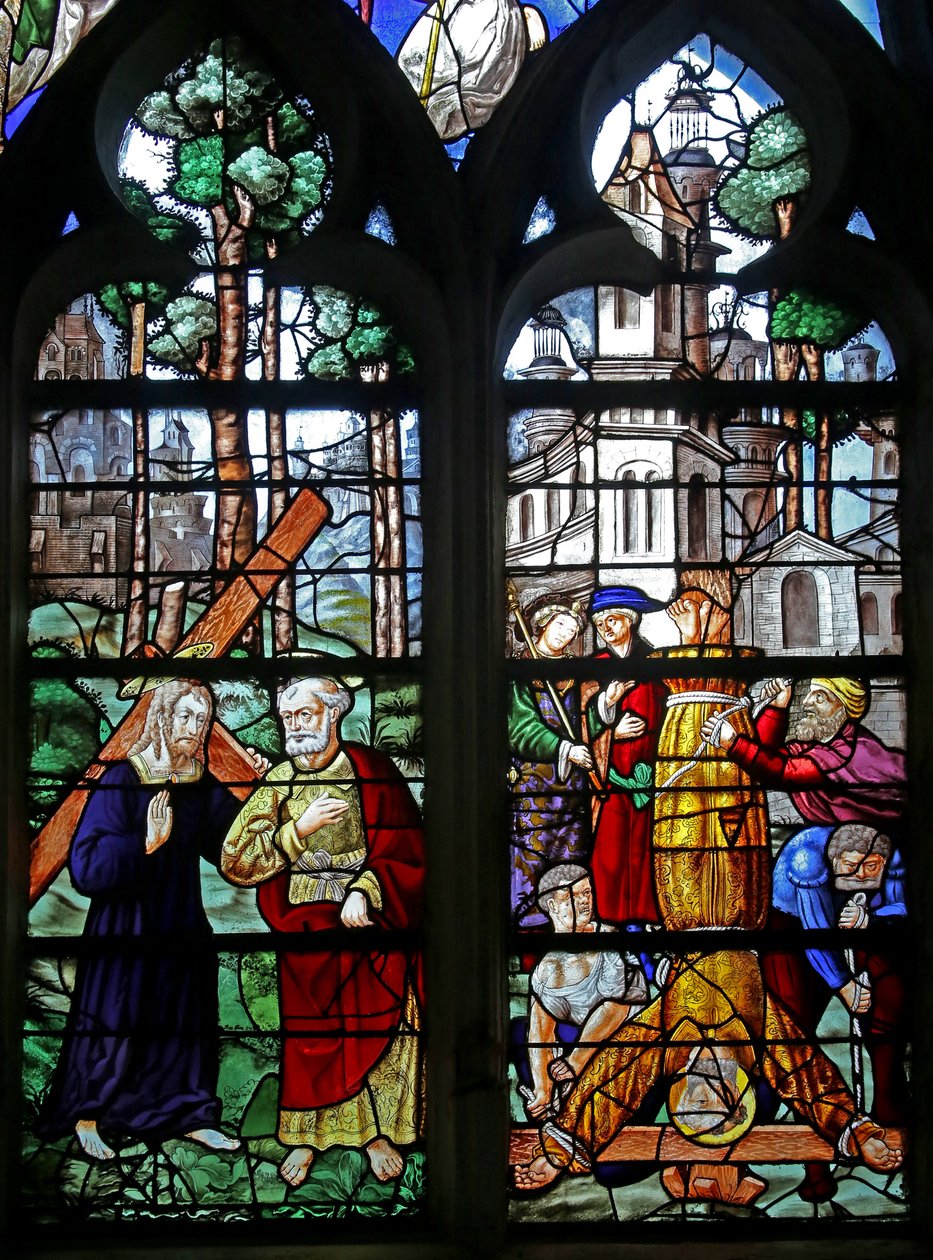 Fenster w6, St. Petrus trifft Christus außerhalb Roms: Quo Vadis?; Kreuzigung von St. Petrus von French School