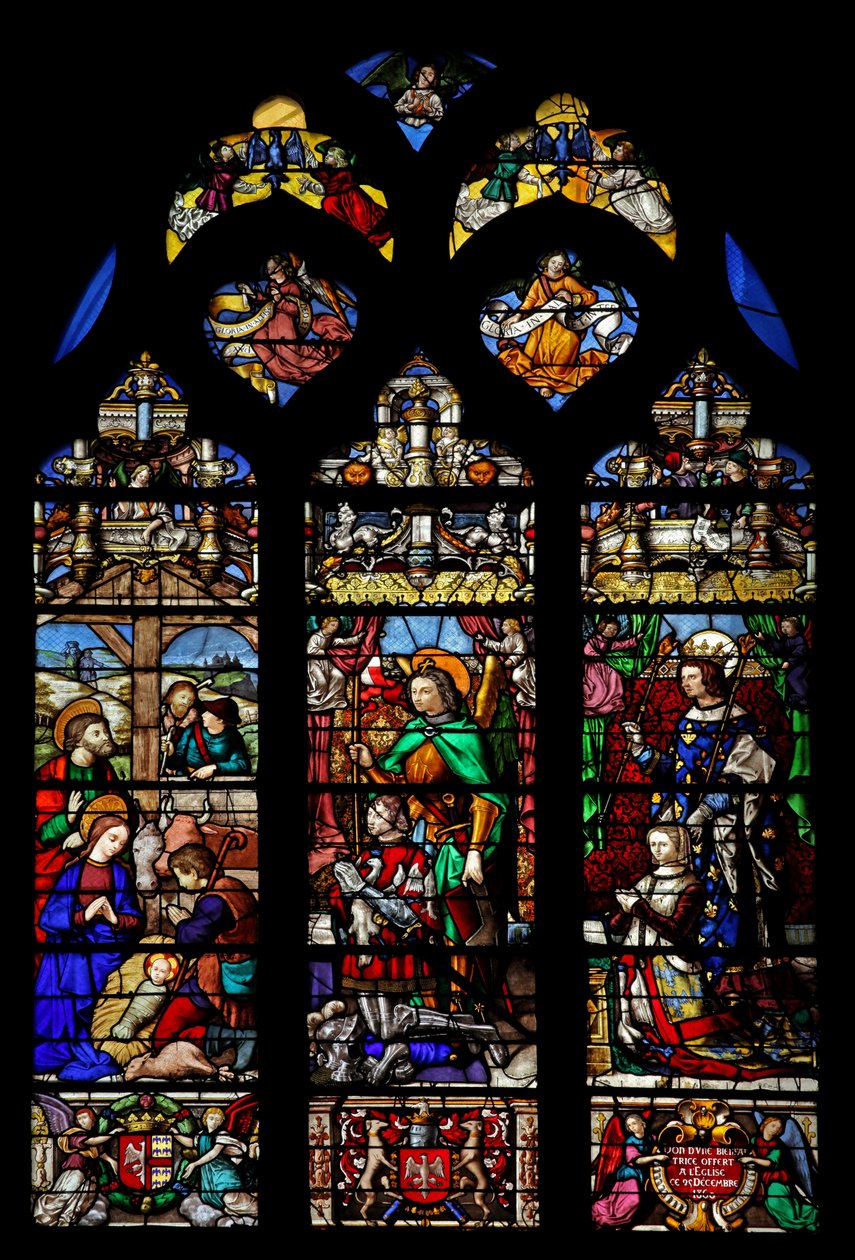 Fenster w6 mit der Geburt Christi und Hirten; Stifter Gaspard de Coligny und Frau und Schutzheilige von French School