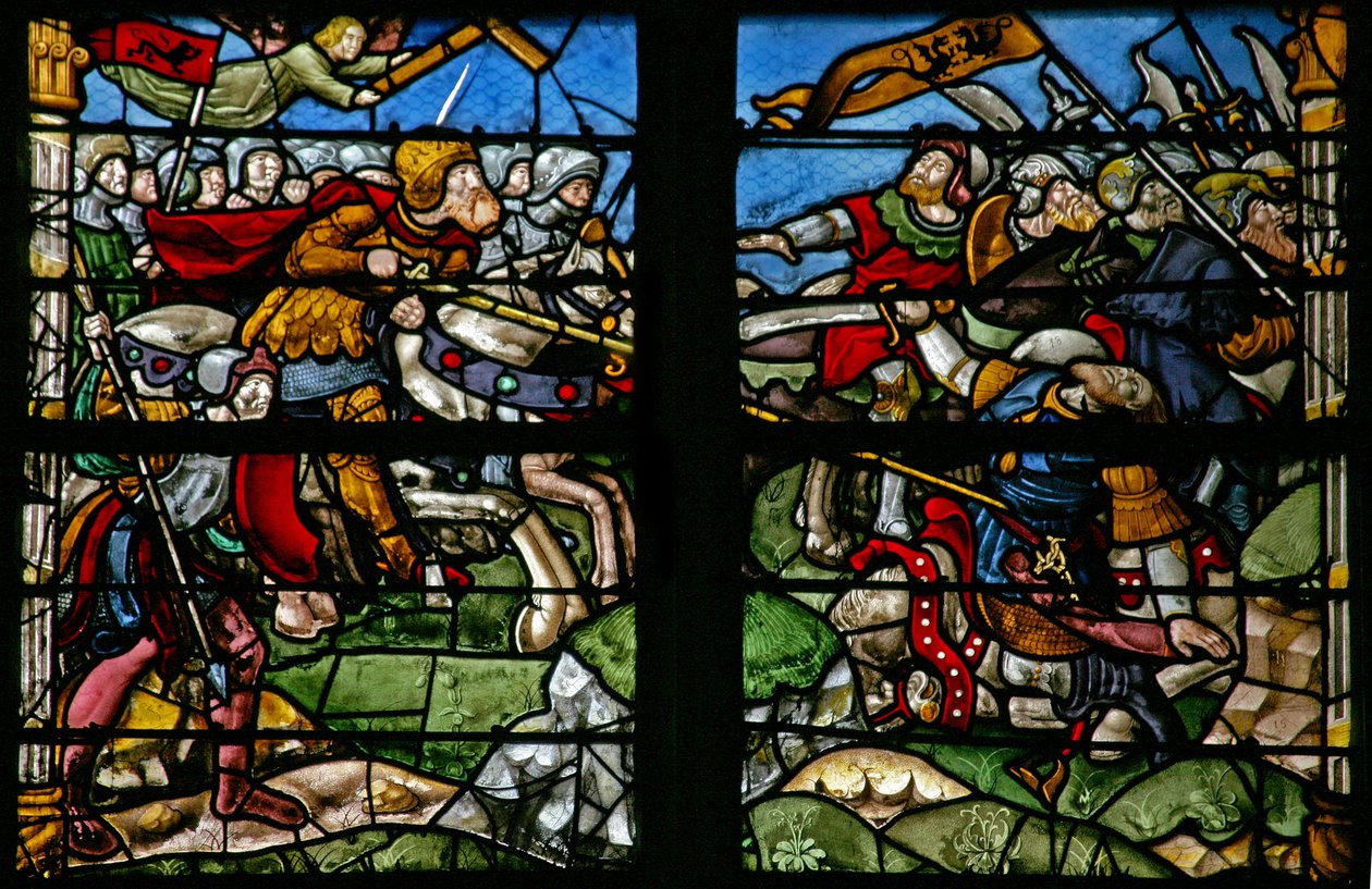Fenster w8, Darstellung einer Schlachtszene mit Kaiser Konstantin, in der das Kreuz erschien und er triumphiert von French School