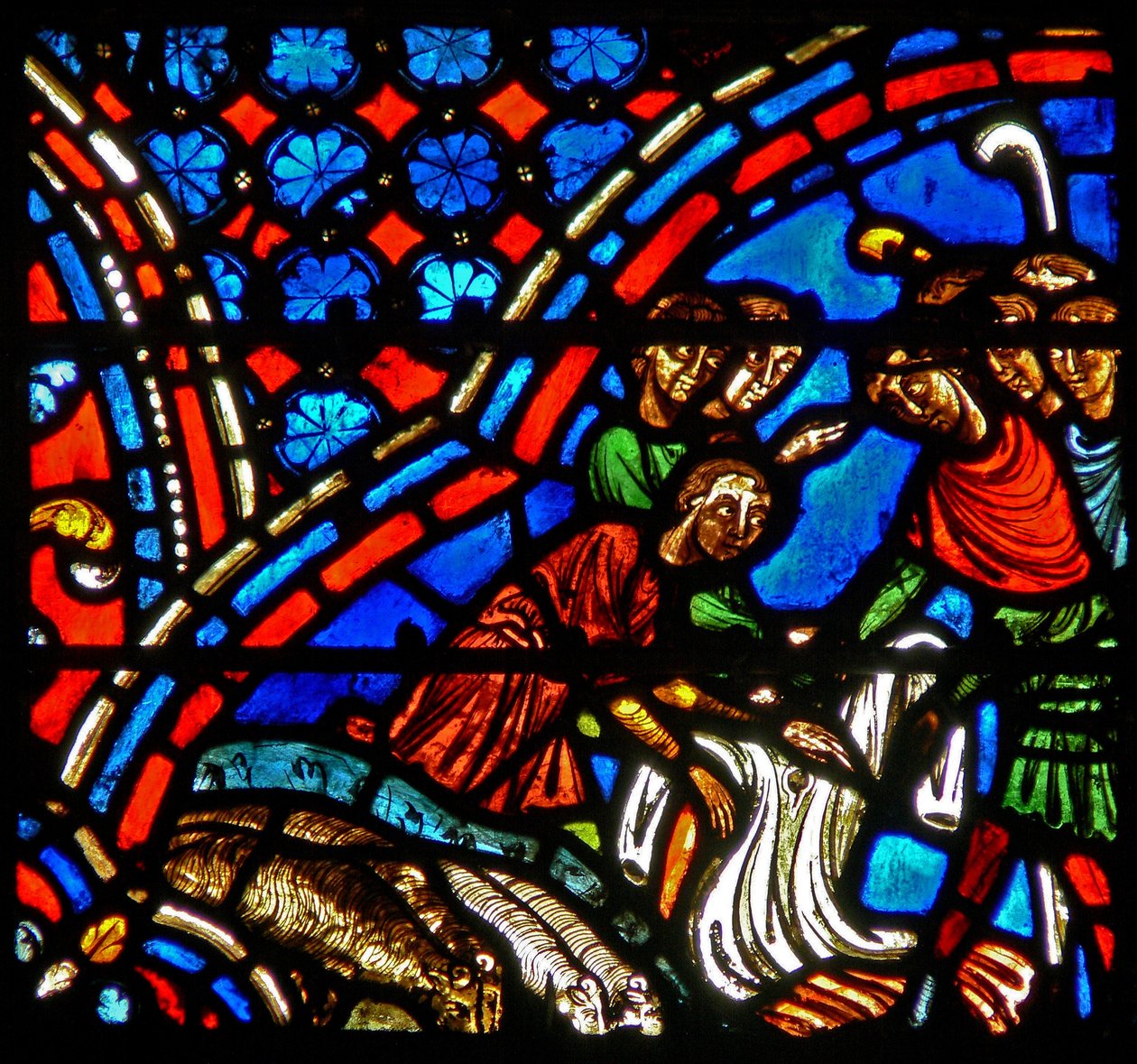 Fenster w9 mit Darstellung von Josephs Brüdern, die den bunten Mantel nehmen von French School