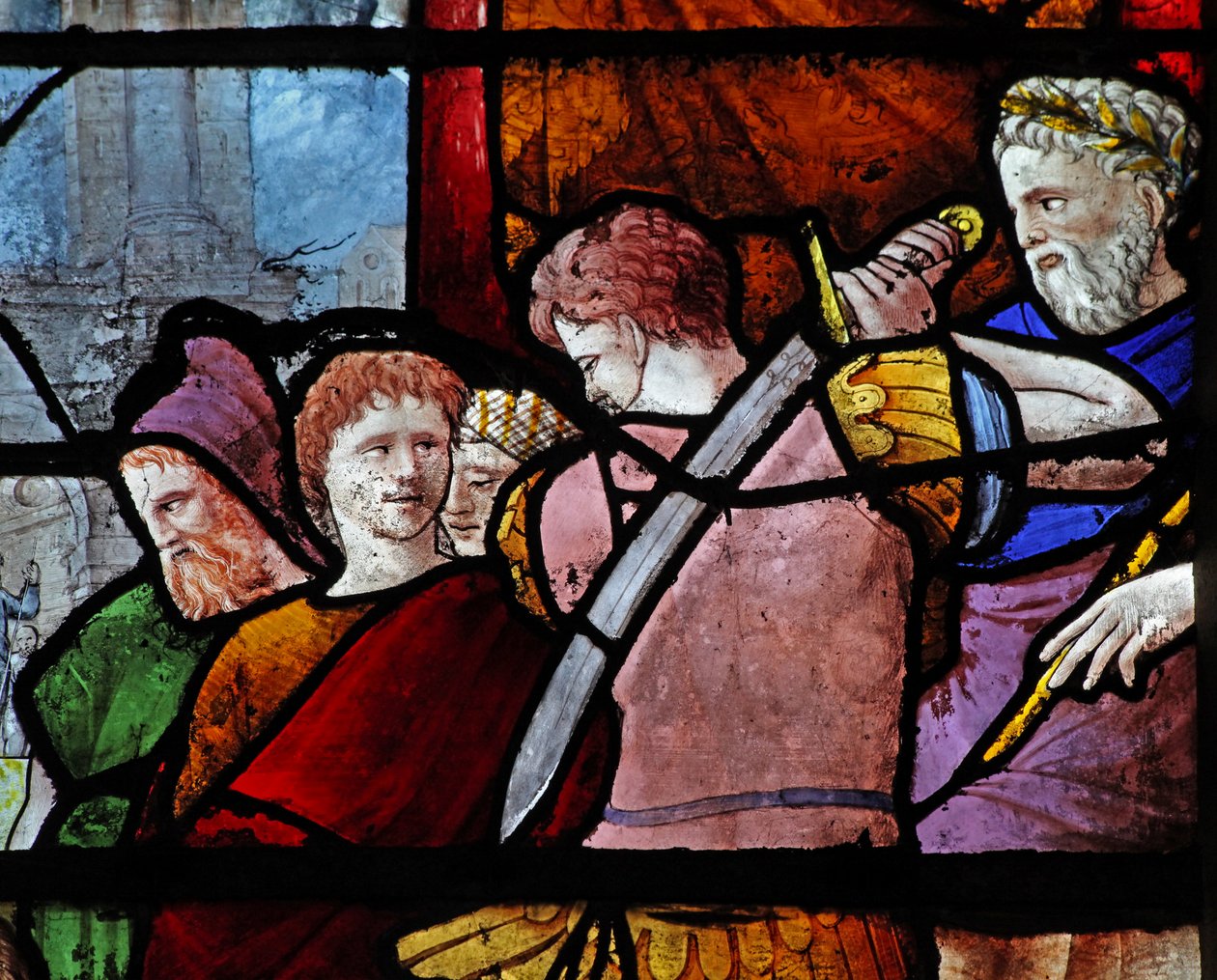Fenster w9 zeigt Figuren beim Tod von St. Paulus von French School