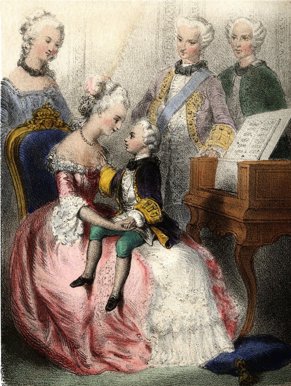 Wolfgang Amadeus Mozart (1756-1791) in den Armen der österreichischen Kaiserin Marie-Therese - in „Die illustren Kinder - historische Erzählungen“ von Madame Eugenie Foa von French School
