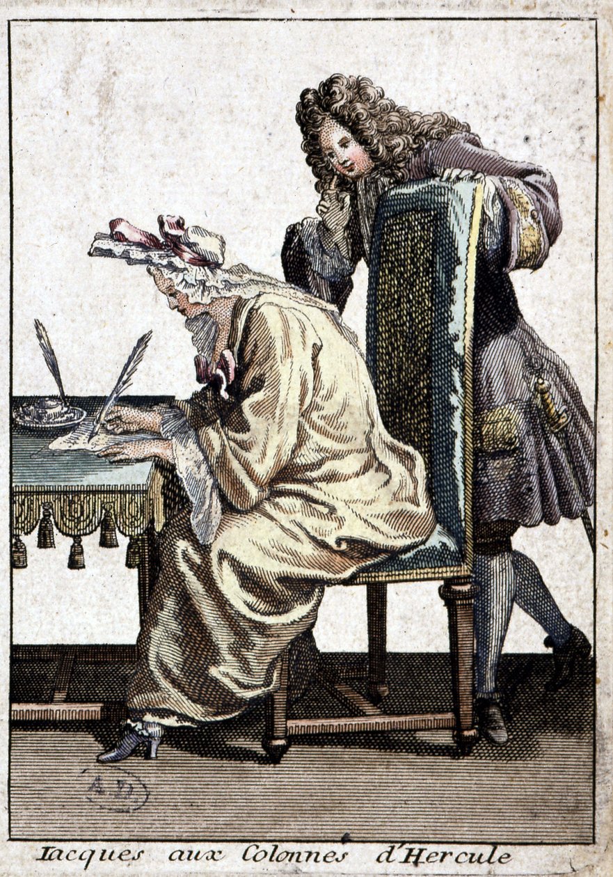 Frau im Hemd und Nachthaube schreibt einen Brief mit einem Mann, ca. 1715 von French School