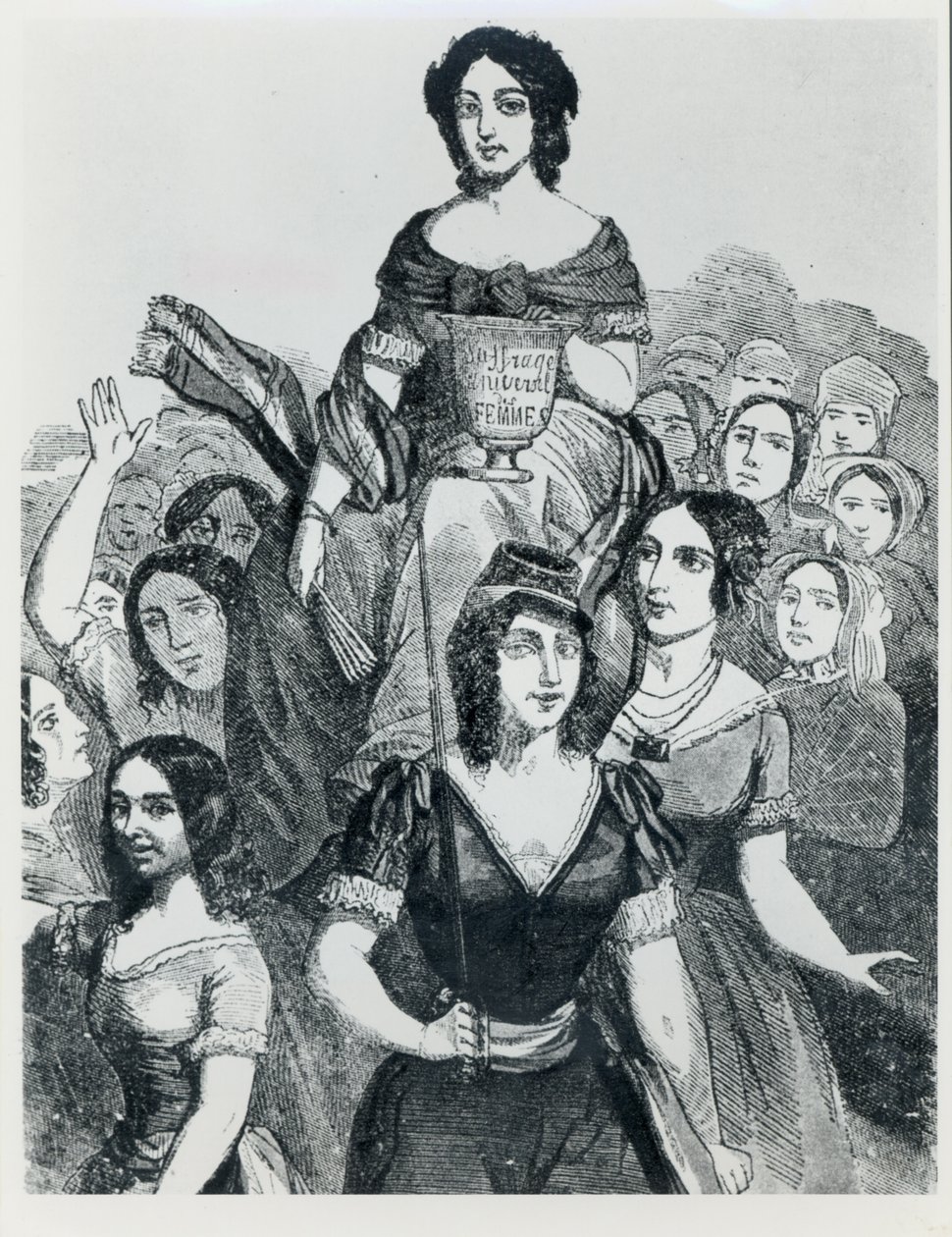 Frauen tragen Jeanne Deroin (1805-94) im Triumph, aus Les Femmes Celebres, Band I, Paris, Mazenod, 1848 von French School