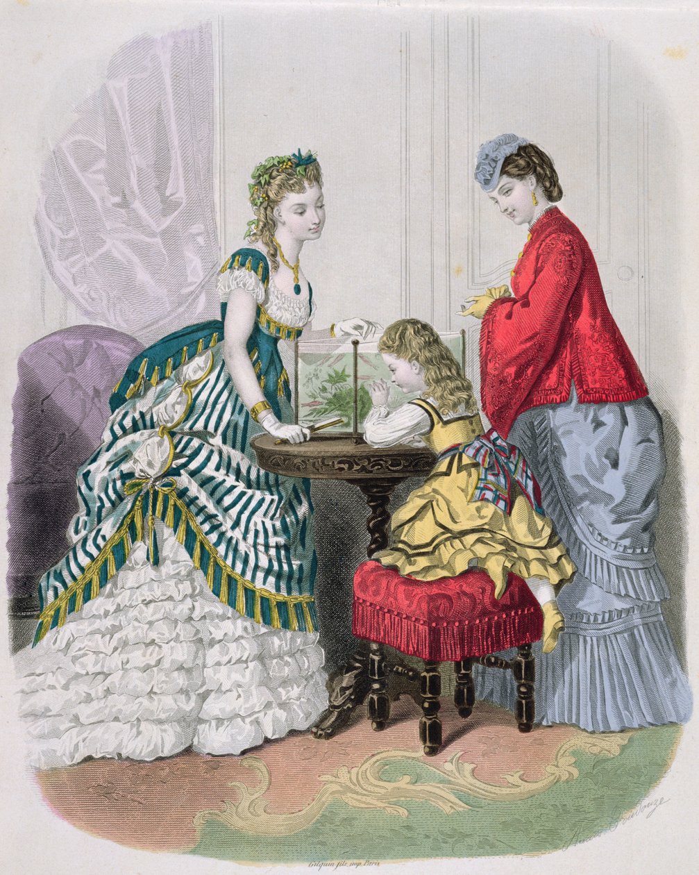 Frauen und ein Kind betrachten ein Aquarium, aus La Mode Illustrée, ca. 1870 von French School
