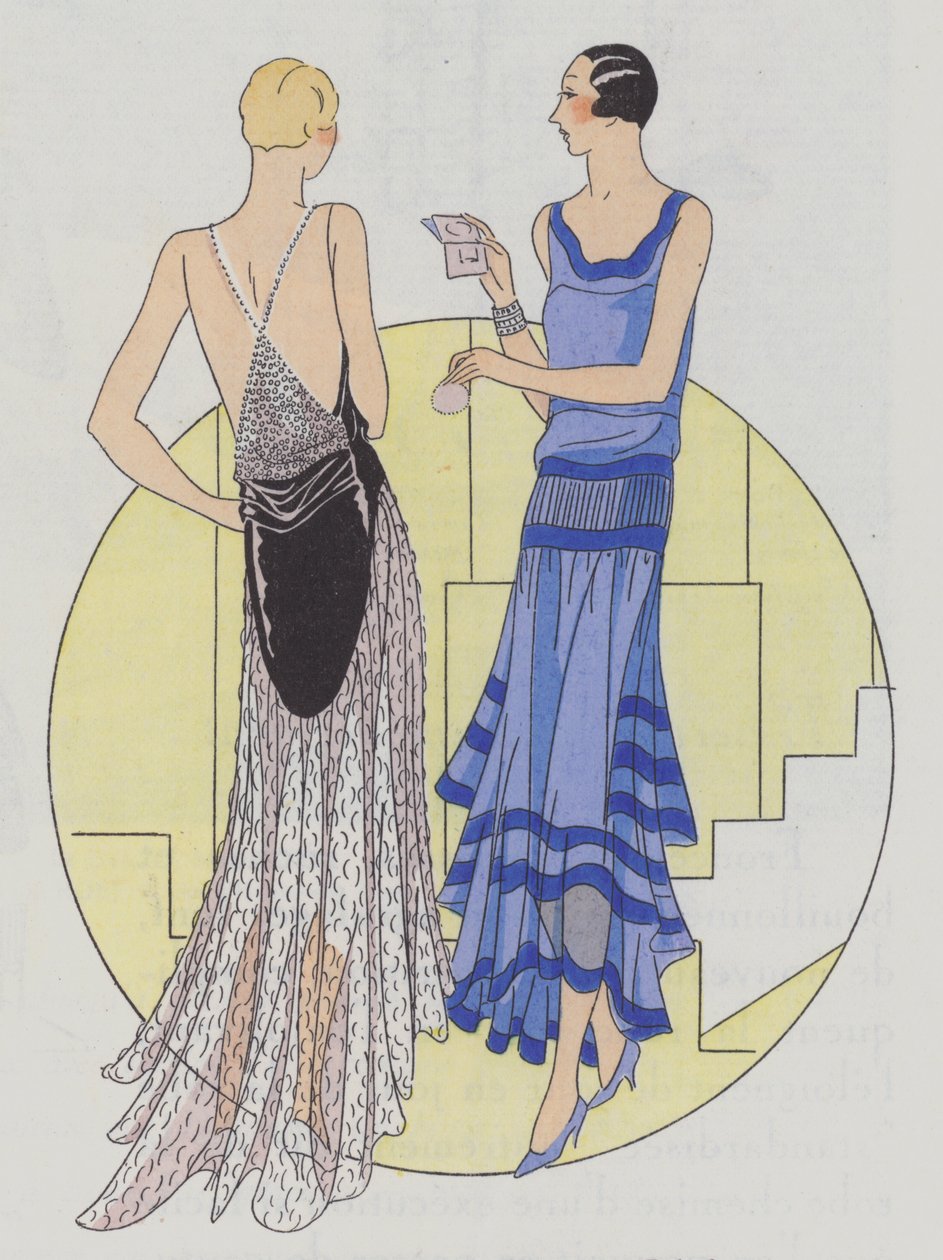 Abendmode der Frauen aus den 1930er Jahren von den Designern Jenny und Philippe et Gaston von French School