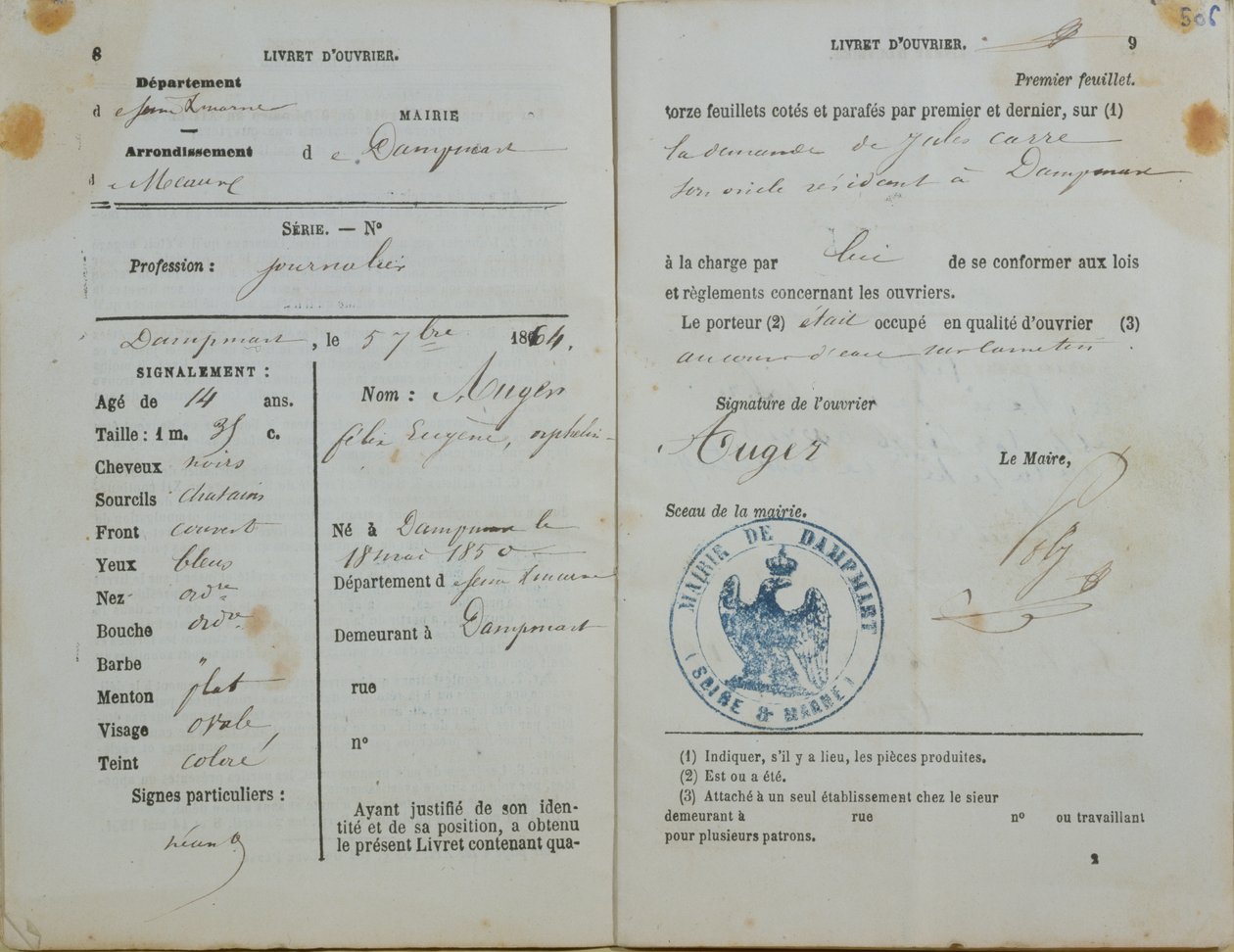 Arbeiterhandbuch, herausgegeben von der Mairie von Dampmart an Felix Auger, 1864 von French School