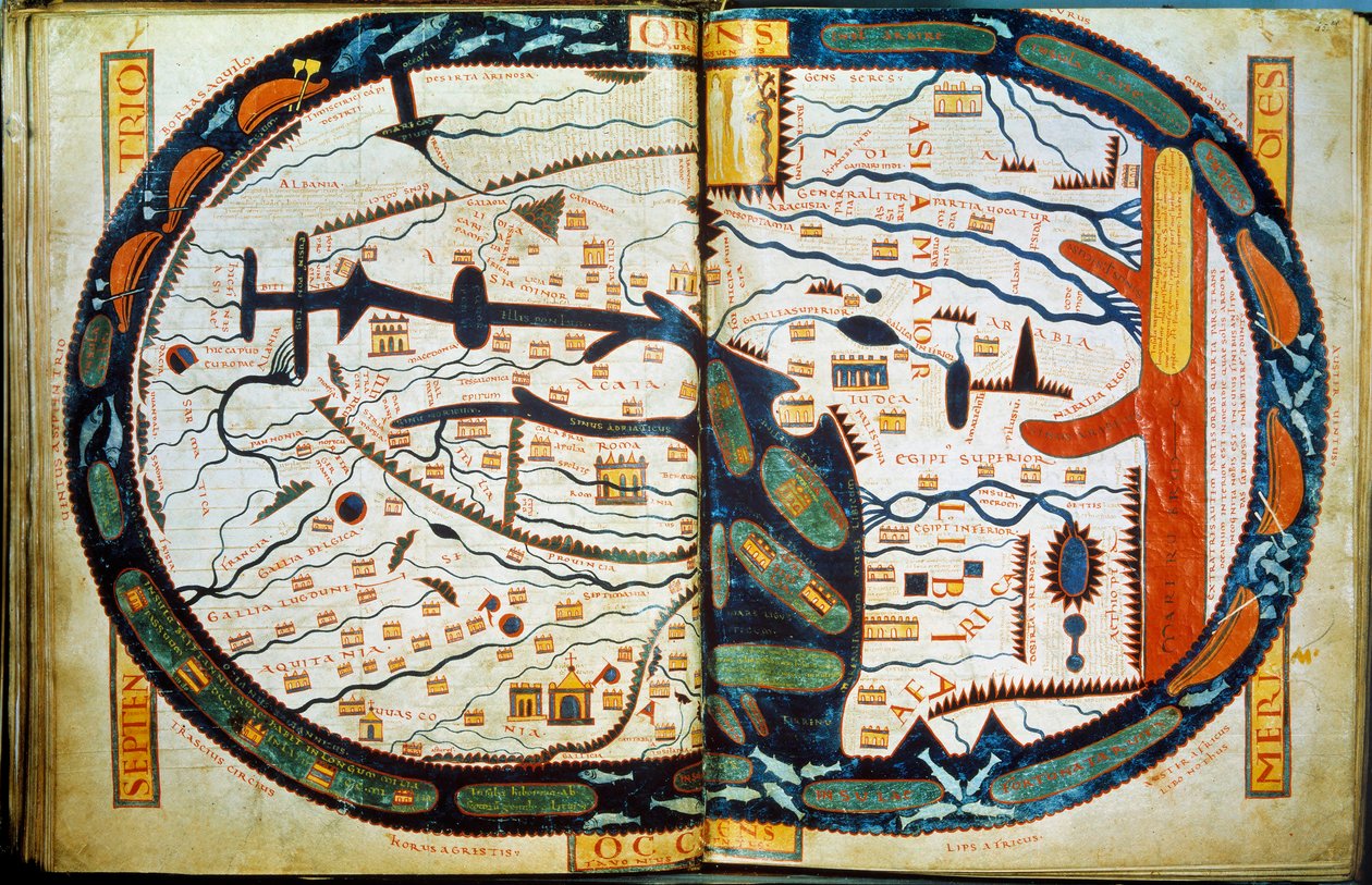 Weltkarte von Saint Sever. Miniatur aus den Kommentaren zur „Apokalypse nach Johannes“ von 775, geschrieben von dem Mönch Beatus von Liebana von French School