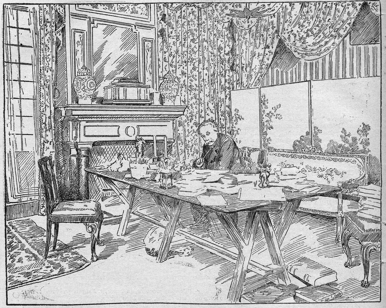 Schriftsteller Alexandre Dumas Jr. (1824-1895) in seinem Arbeitszimmer. Gravur in „La gazette du dimanche“ vom 12. Dezember 1895 von French School