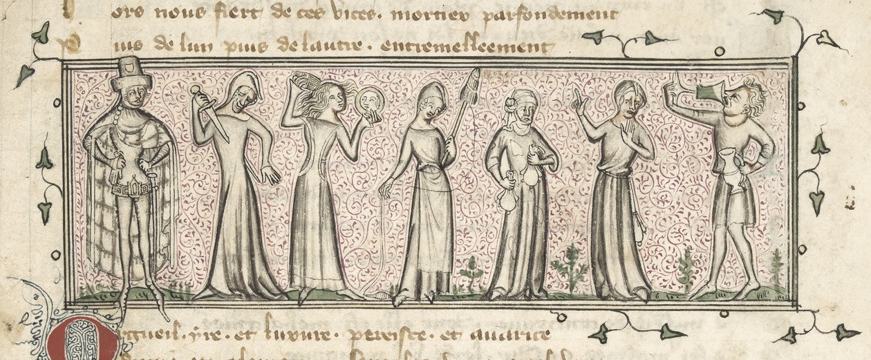 Yates Thompson 21, f. 165, Die sieben Todsünden, ca. 1380 von French School
