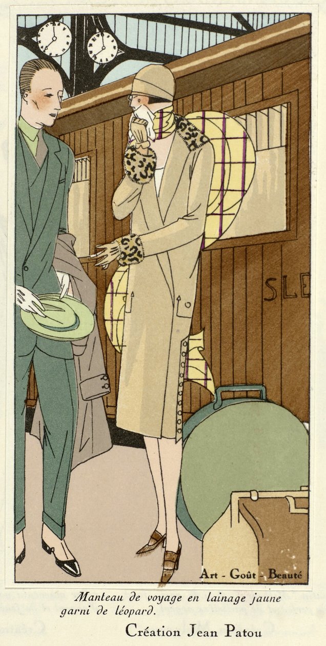 Gelber Wollreisemantel mit Leopardenbesatz, aus Art-Gout-Beaute, veröffentlicht in den 1920er Jahren von French School