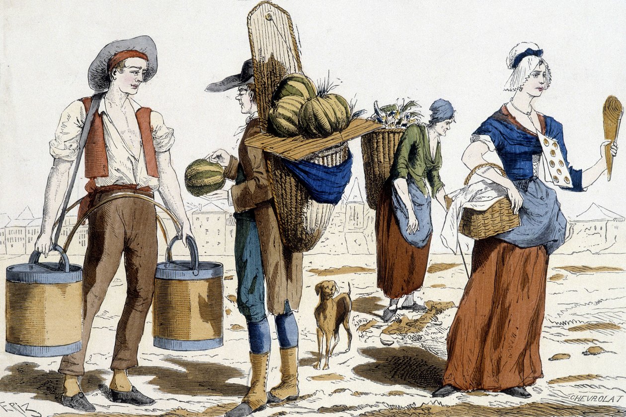 Illustration von Pariser Kostümen im 18. Jahrhundert: Wasserträger, Melonenhändler, Lumpensammler, Vergnügungshändler. von French School