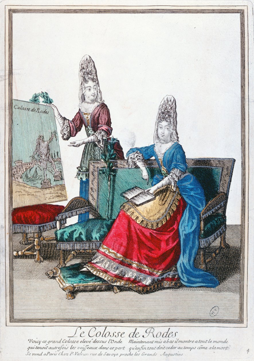 Dame zeigt ein Bild des Koloss von Rhodos von French School