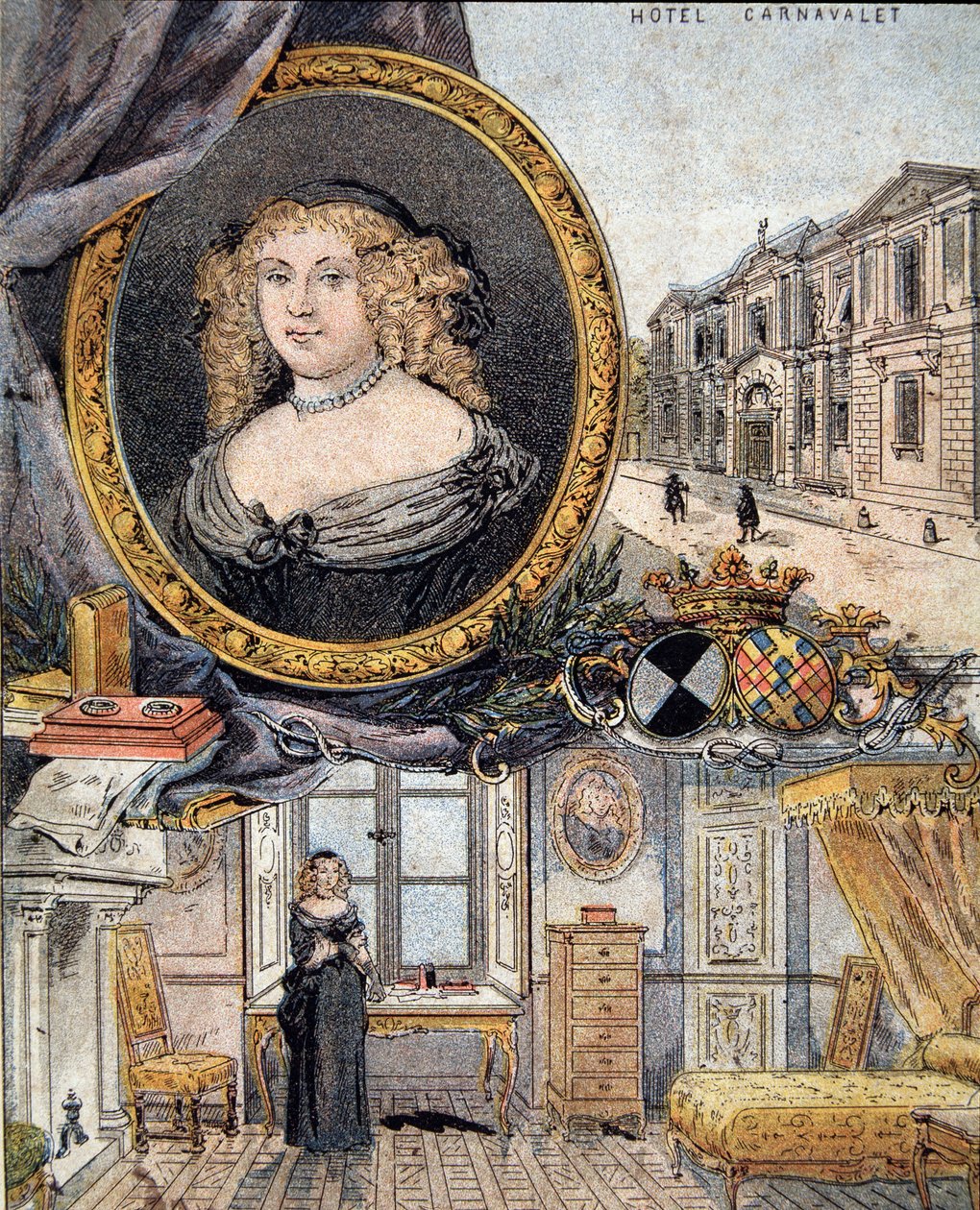 Porträt von Marie de Rabutin-Chantal (Rabutin Chantal), Marquise de Sevigne, bekannt als Madame de Sevigne (1626-1696) und ihr Wohnsitz Hotel Carnavalet. von French School