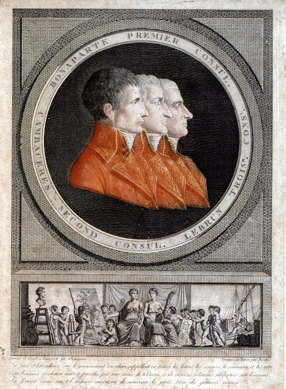 Porträt der drei Konsuln, Napoleon Bonaparte (1769-1821), Jean Jacques Regis (Jean-Jacques-Regis) de Cambaceres (1753-1824) und Charles Francois Lebrun (1739-1824) von French School
