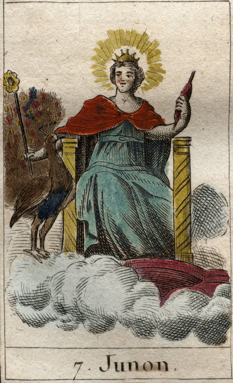 Darstellung der Göttin Juno, Königin der Götter und des Himmels, sie ist die Schwester und Frau von Jupiter. Aus „Mythologie der Jugend“ von Pierre Blanchard 1803 von French School