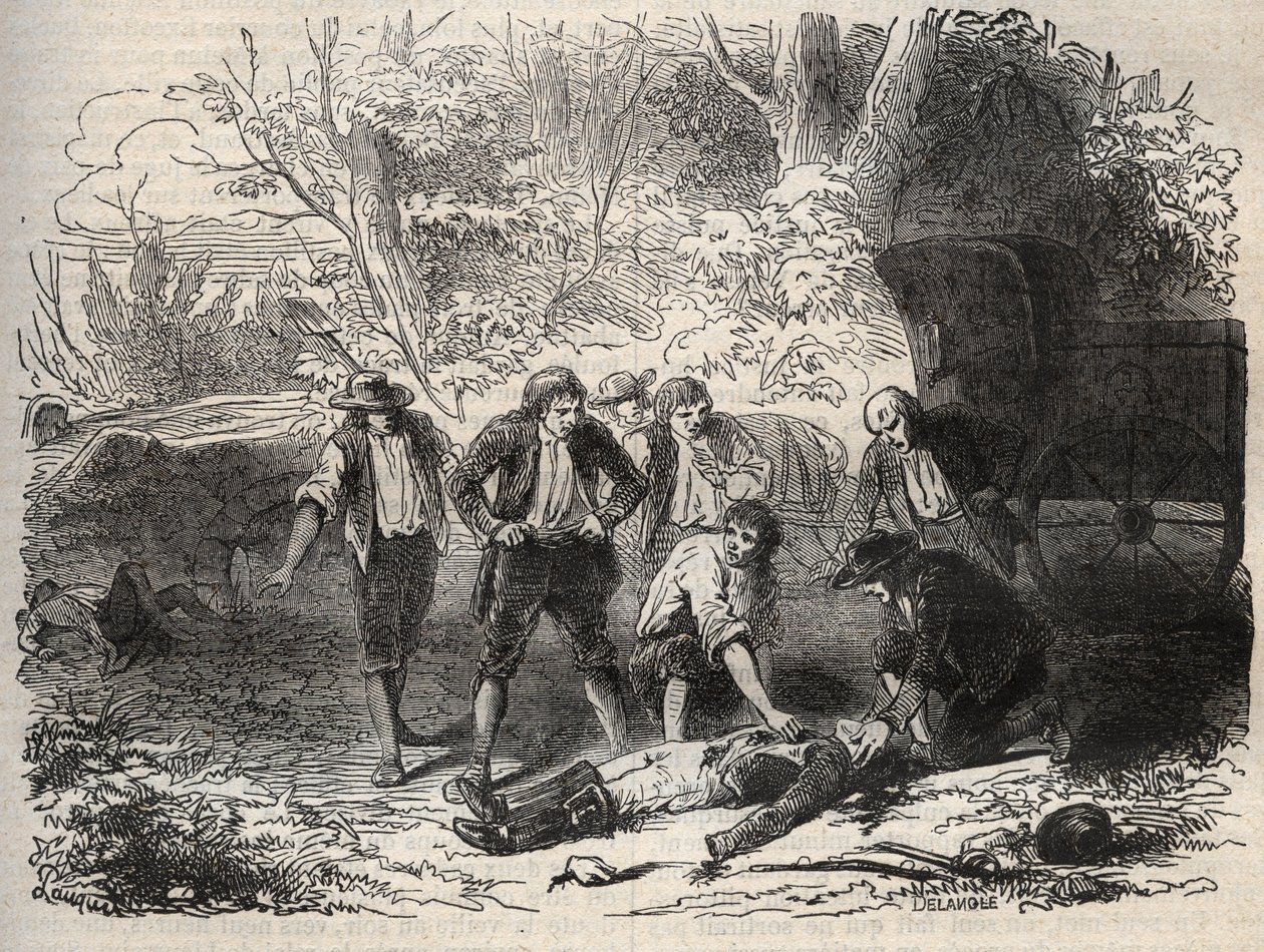 Die Lyoner Postkutschenaffäre - Affaire du courrier de Lyon - die Postkutsche wird in Seine-et-Marne von 5 Personen am 28. April 1796 überfallen - Gravur in „Causes célèbres de tous les peuples“ von Armand Fouquier (1817-18?) 1858-1867 - private Sammlung von French School