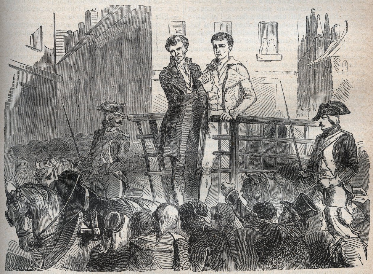Affäre des Lyoner Postkuriers: Joseph Lesurques und Couriol gehen am 3. Oktober 1796 zur Guillotine - Gravur in „Berühmte Fälle aller Völker“ von Armand Fouquier von French School