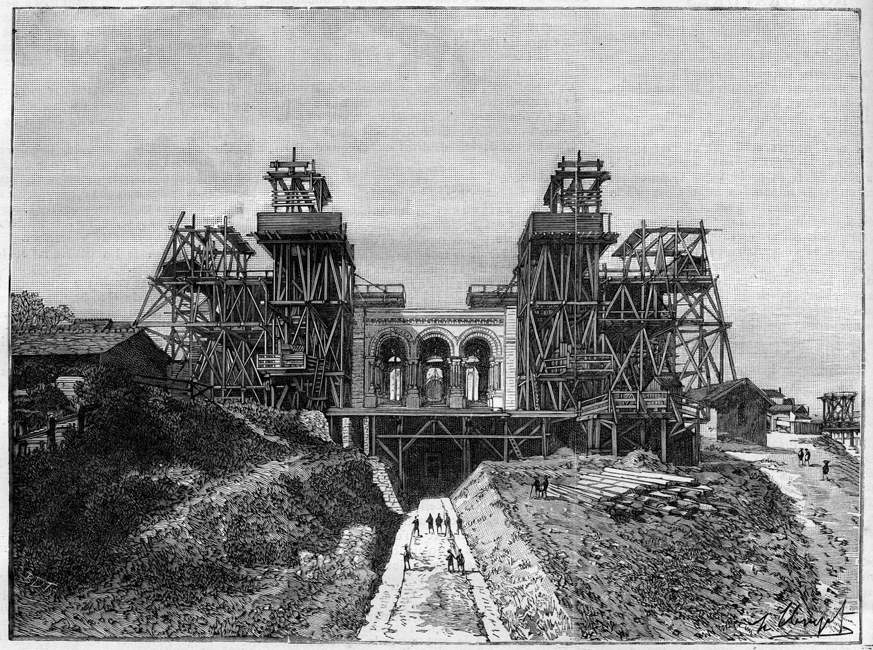Die Baustelle der Kirche Sacré-Cœur in Montmartre, in „Die illustrierte Welt“ 1886 von French School