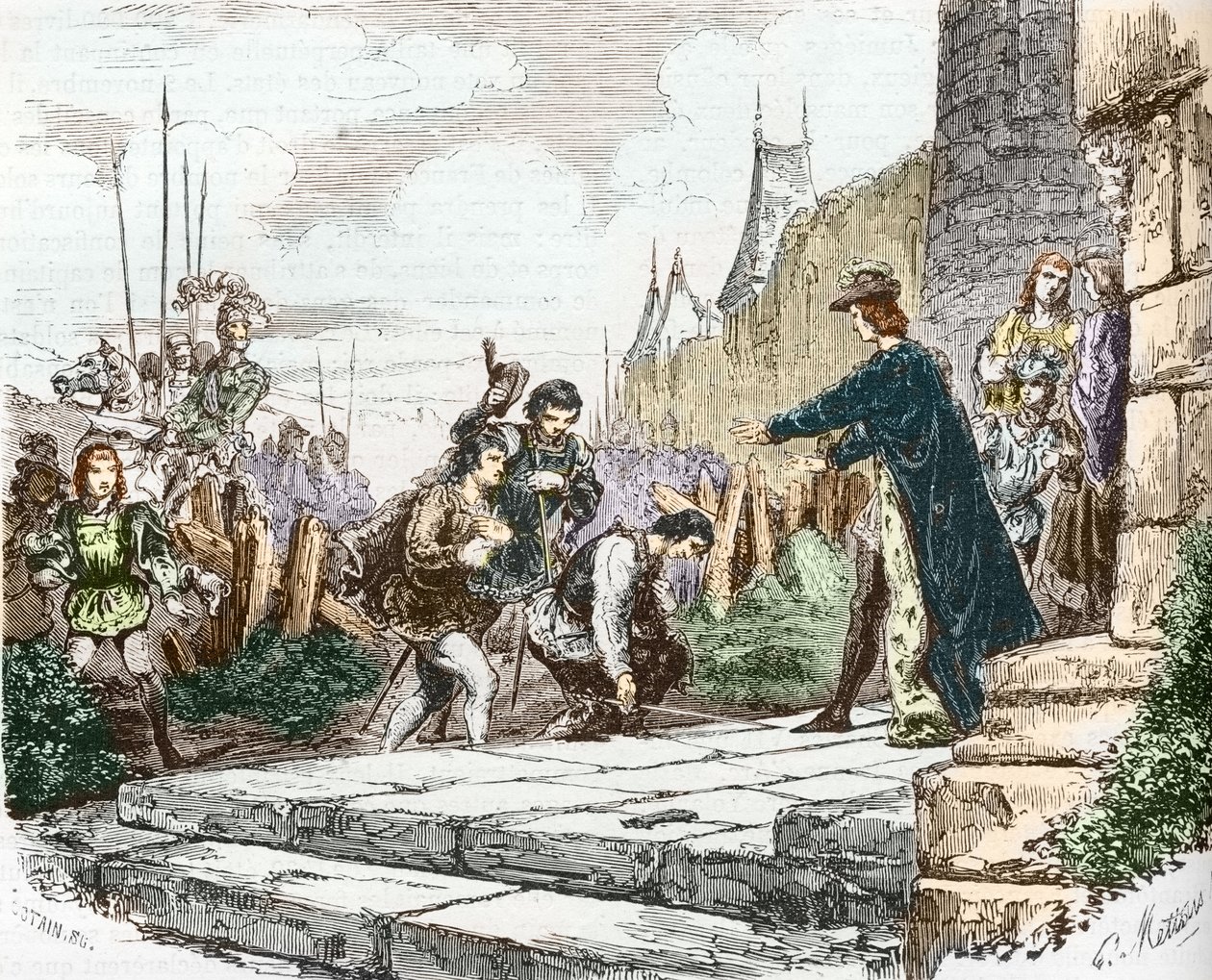 Der Delfin Louis (später Ludwig XI.), der Herzog Johann II. von Alençon und der Herzog Karl I. von Bourbon bitten König Karl VII. um Vergebung von French School
