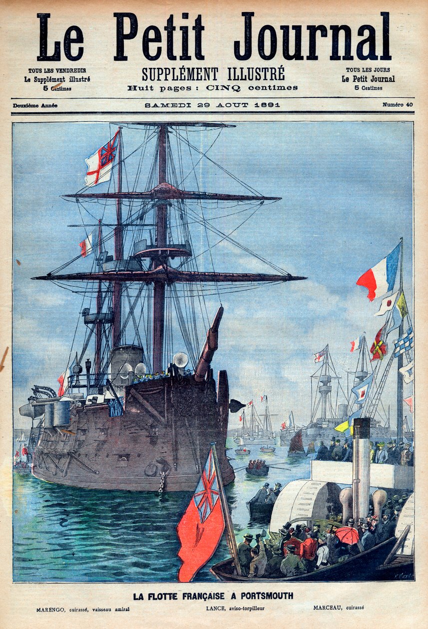 Die französische Flotte in Portsmouth: Flaggschiff „Marengo“, der Aviso-Torpedo „Lance“ und das Schlachtschiff „Marceau“, Titelseite des Petit Journal vom 29. August 1891 (Gravur) von French School