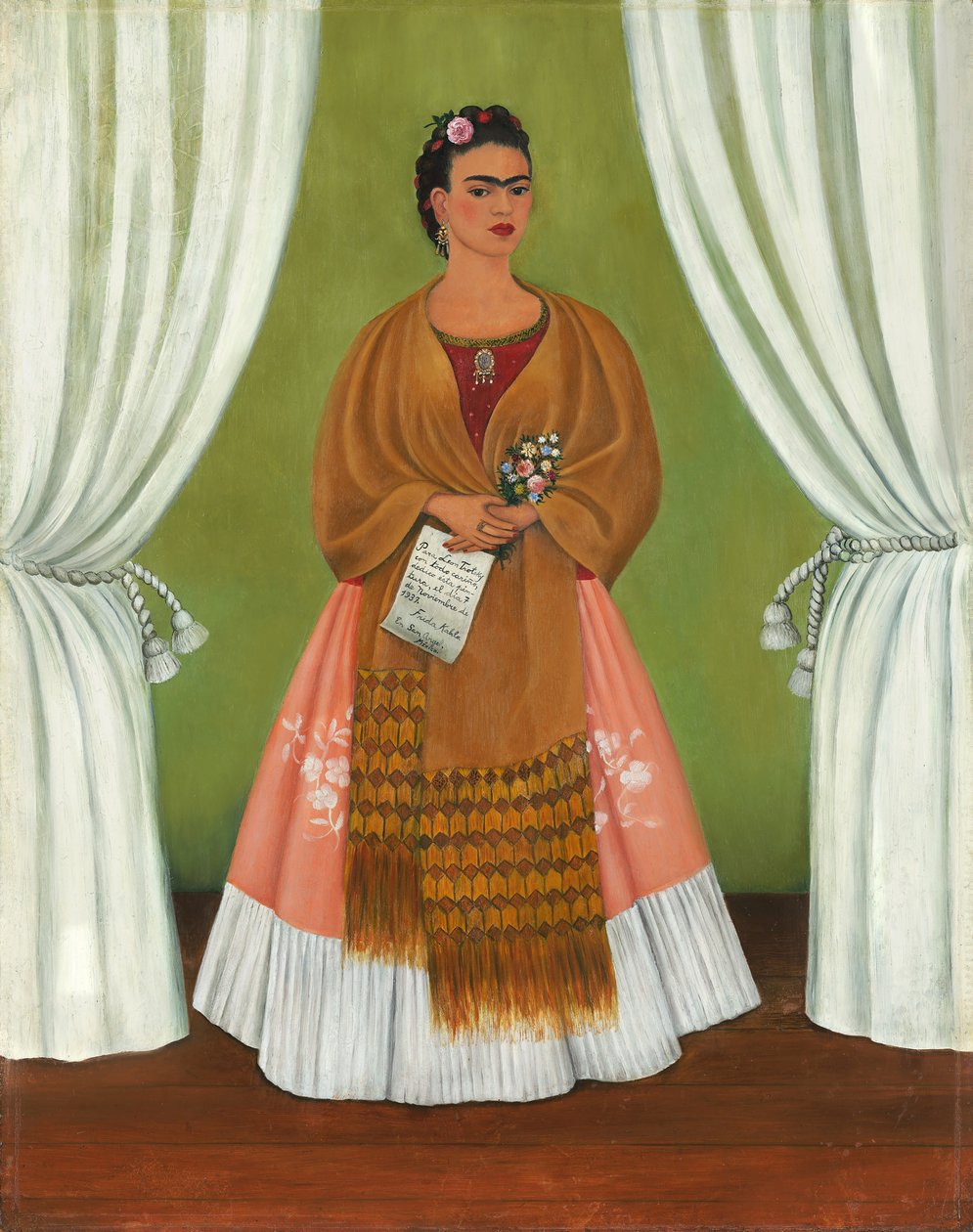 Frida Kahlo zwischen zwei Vorhängen/Selbstporträt gewidmet Leon Trotsky von Frida Kahlo