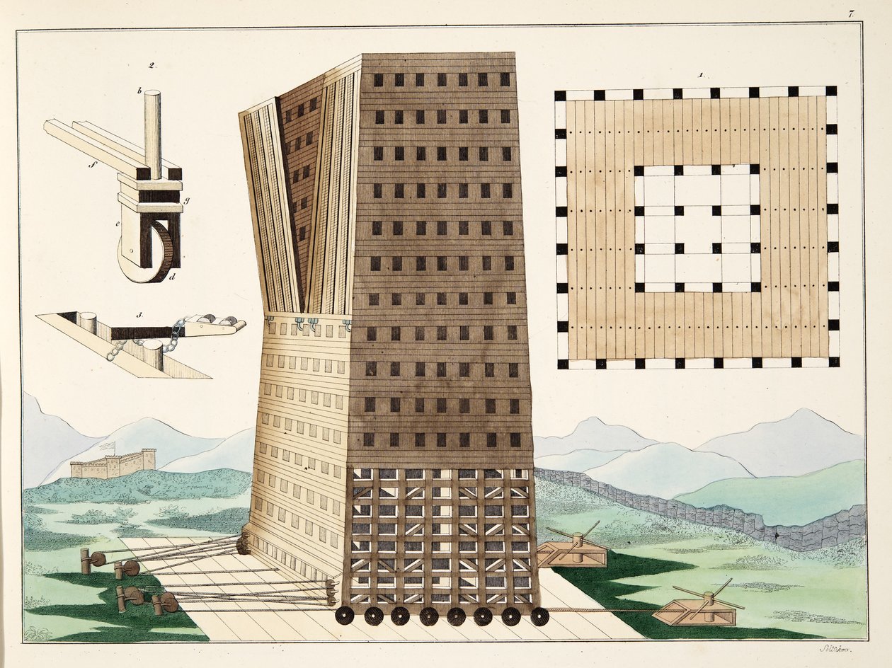 Turm des Demetrios Poliorketes (336-283 v. Chr.) während der Belagerung von Rhodos im Jahr 305 v. Chr., Platte aus 