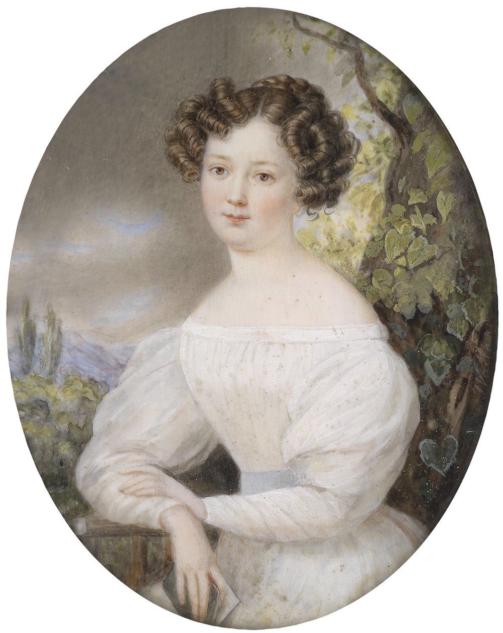 Bildnis einer jungen Frau im weißen Kleid, in einer Landschaft sitzend von Friedrich Wailand