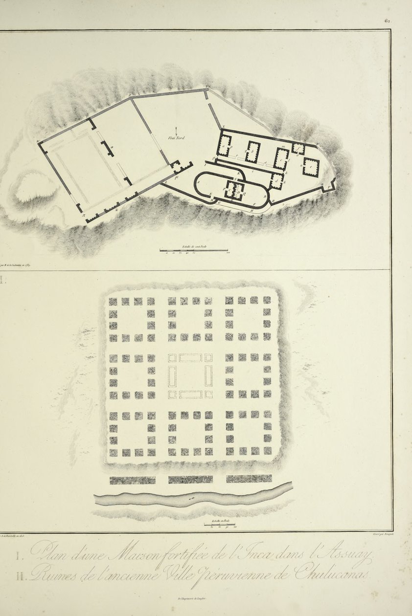 Plan einer befestigten Inka-Wohnung in Assuay; und Ruinen der alten peruanischen Stadt Chulucanas, graviert von Bouquet, Illustration aus 