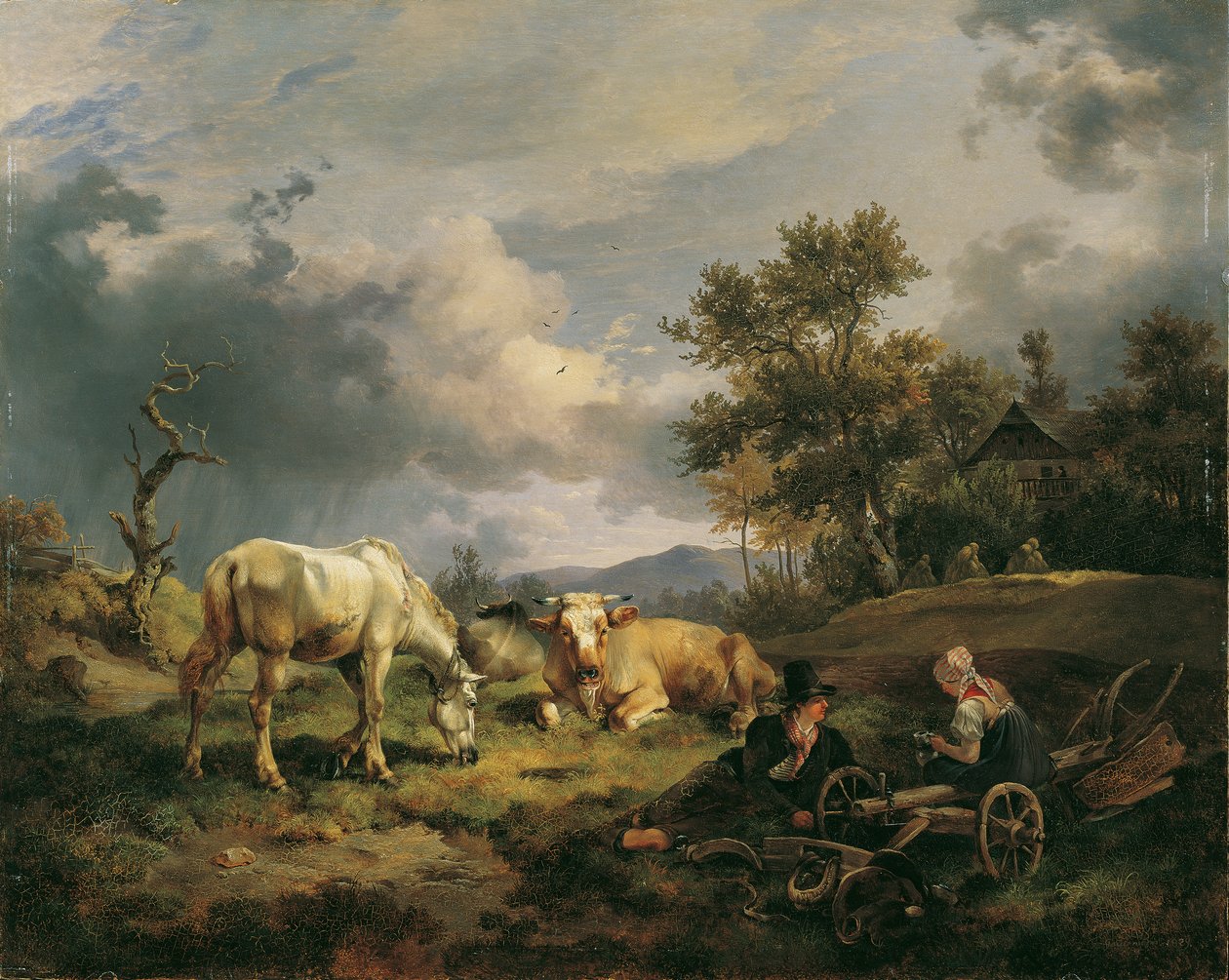Junges Bauernpaar auf dem Feld rastend von Friedrich August Mathias Gauermann