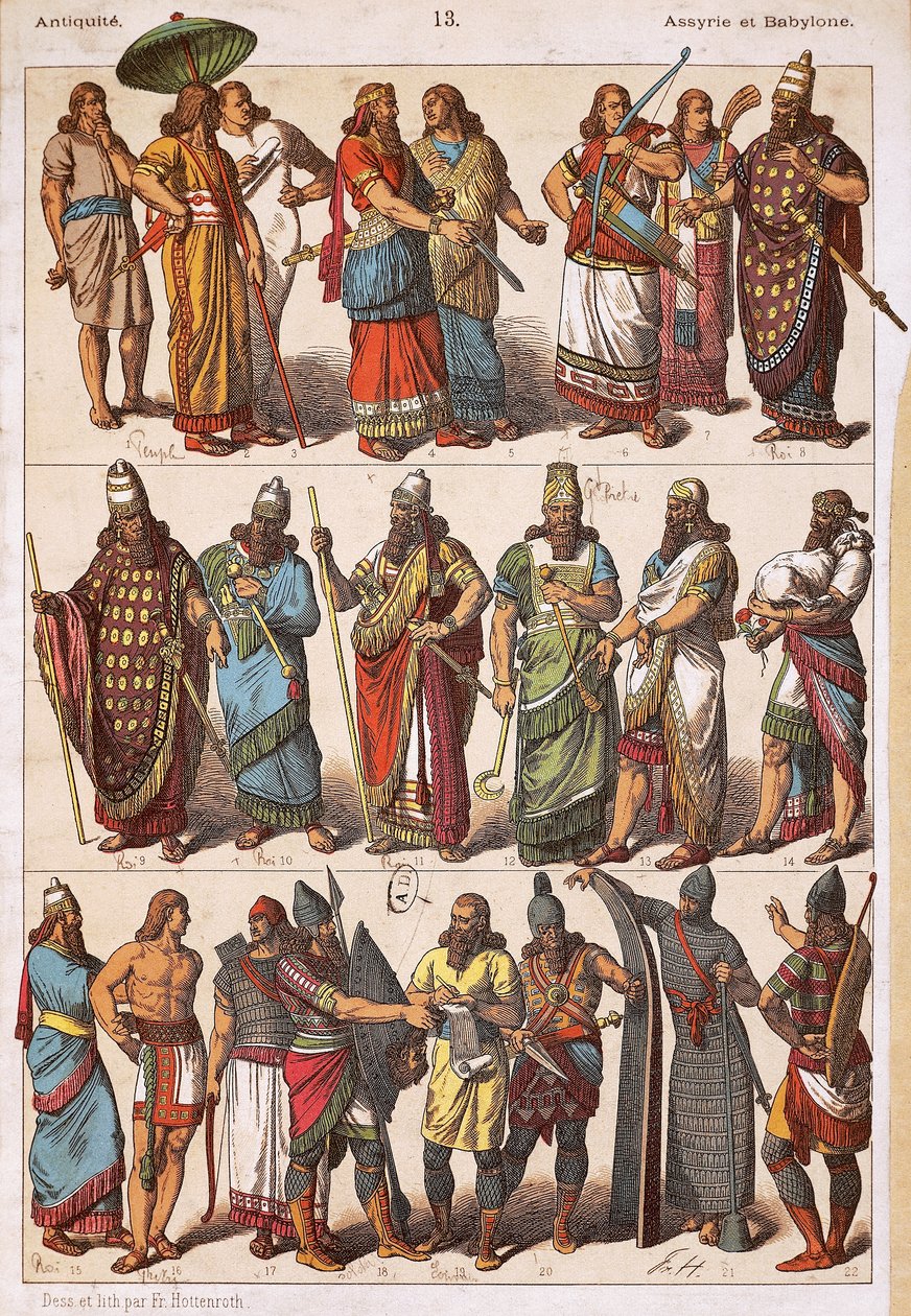 Kostüme der Assyrer und Babylonier, Lithographie, assyrisch-babylonische Zivilisation von Friedrich Hottenroth