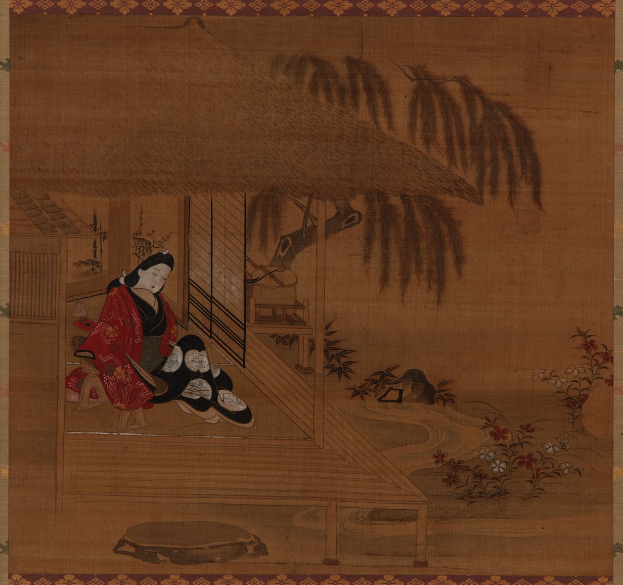 Garten, Innenraum und sitzendes Mädchen, Edo-Periode, 1615-1868 von Furuyama Moroshige