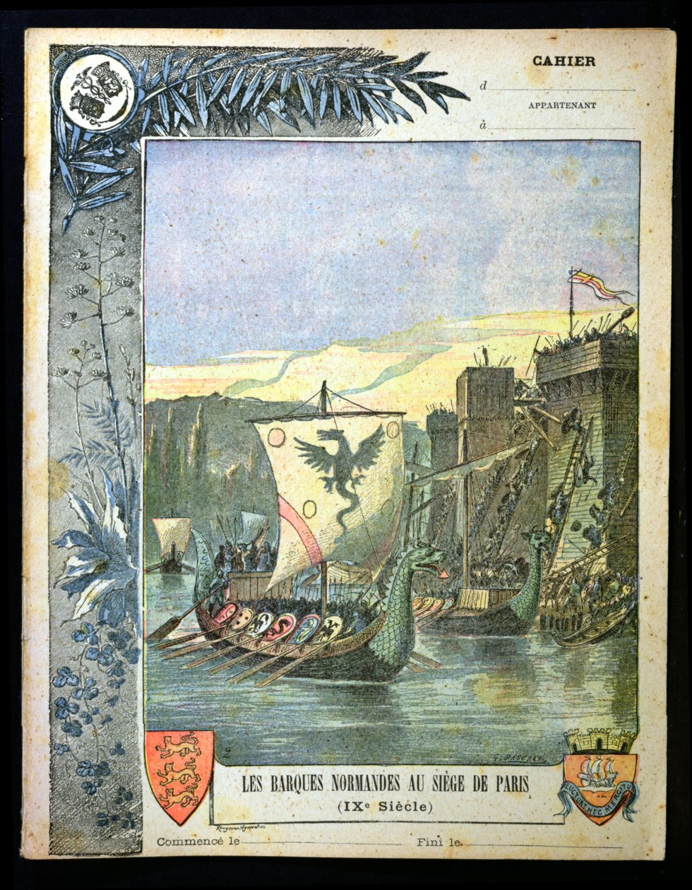 Normannische Schiffe belagern Paris, Illustration von einem Schulheftumschlag, Ende des 19. Jahrhunderts von G. Dascher
