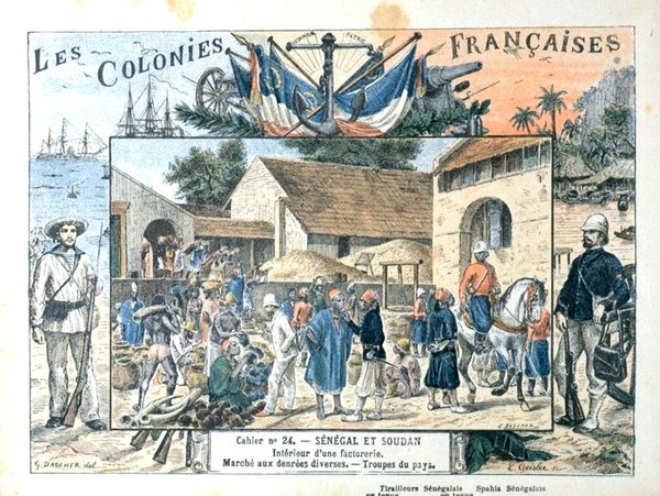 Schulbuchumschlag mit Szenen aus den französischen Kolonien Senegal und Sudan, Ende des 19. Jahrhunderts von G. (after) Dascher