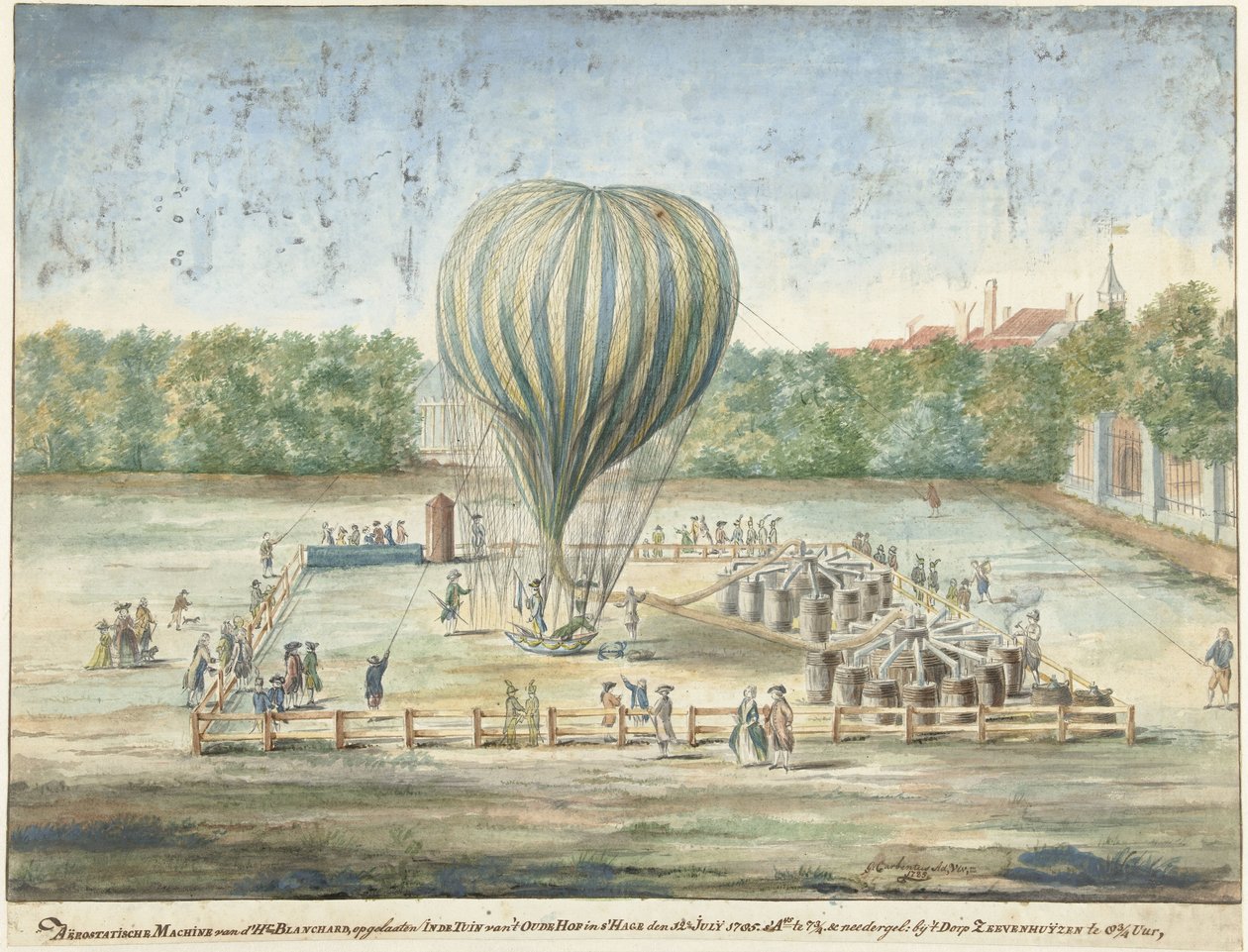 Der Start von Blanchards Ballon in Den Haag im Jahr 1785 von G. Carbentus (signed by artist)