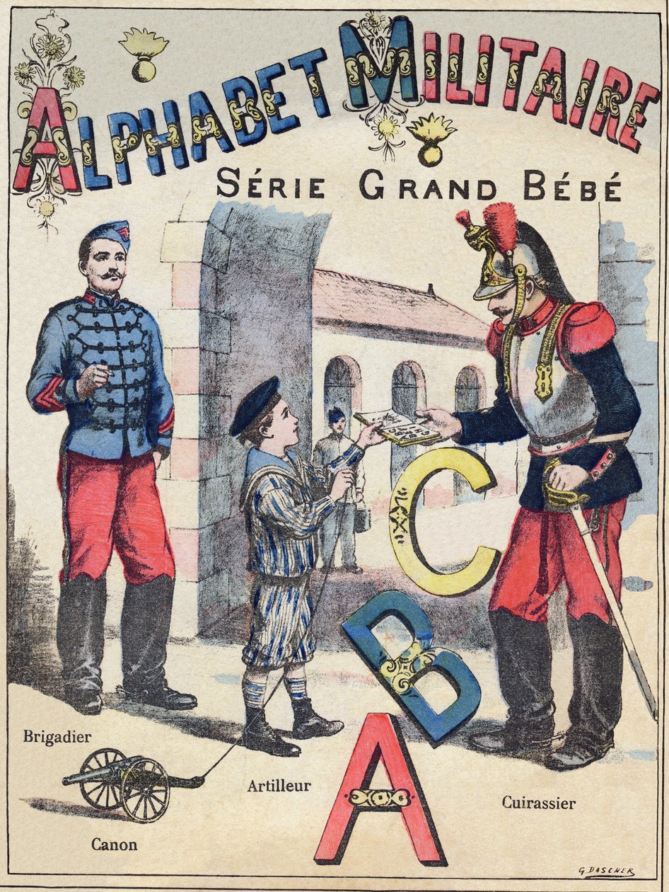 Titelblatt von "Alphabet militaire", Grand-Bebe-Serie. Gravur. Pont-a-Mousson Imaging. Louis Vagne, Drucker-Verleger, um 1900. Illustrationen von G. Dascher. 20 Seiten. Dim: 31,5x24,5cm von G. Dascher
