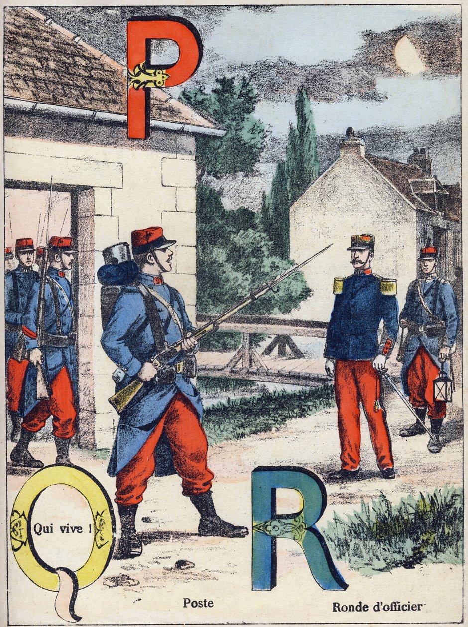 Buchstaben P Q und R: Post, Qui vive! und Offiziersrunde. Gravur in "Alphabet militaire", Grand-Bebe-Serie. Gravur. Pont-a-Mousson Imaging. Louis Vagne, Drucker-Verleger, um 1900. Illustrationen von G. Dascher. 20 Seiten. Dim: 31,5x24,5cm von G. Dascher