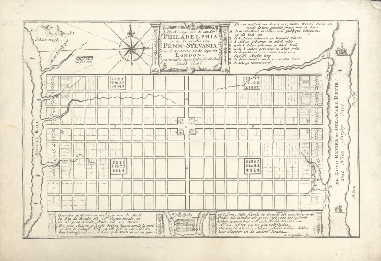 Der erste Plan für Philadelphia, entworfen von William Penn und Thomas Holme im Jahr 1682, 1684 von G. Drogenham
