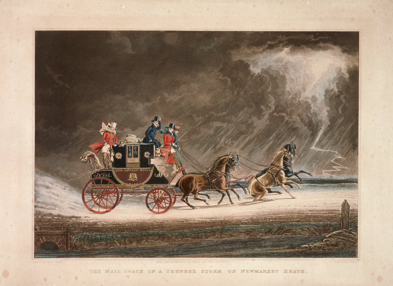 Die Postkutsche in einem Gewitter auf Newmarket Heath, Suffolk, 1827 von G Reeves
