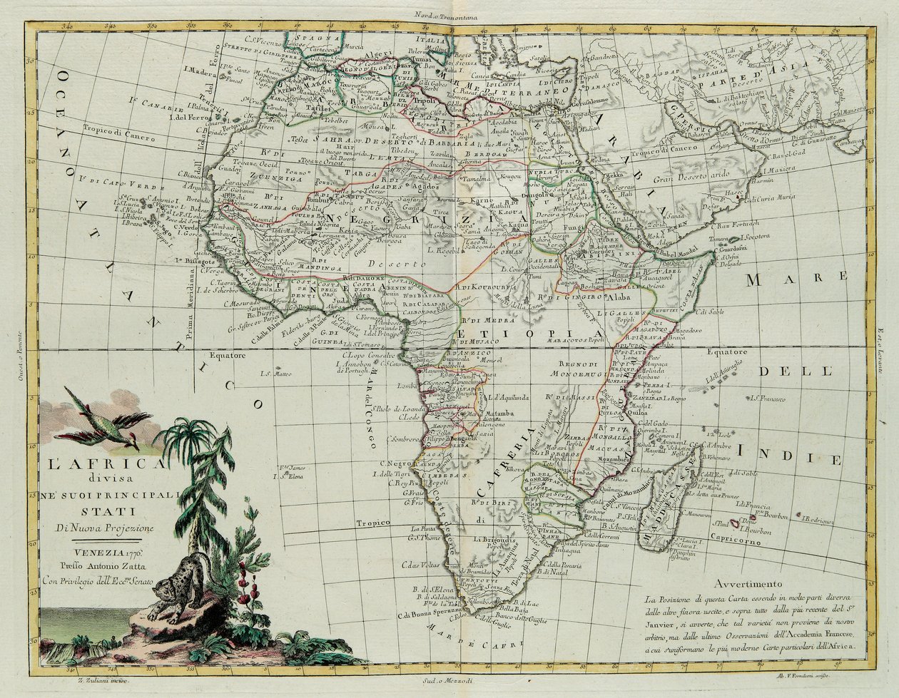 Afrika aufgeteilt in seine Hauptstaaten, Stich von G. Zuliani aus Band I des Neuesten Atlas, veröffentlicht in Venedig 1776 von Antonio Zatta, Privatsammlung von G. Zuliani