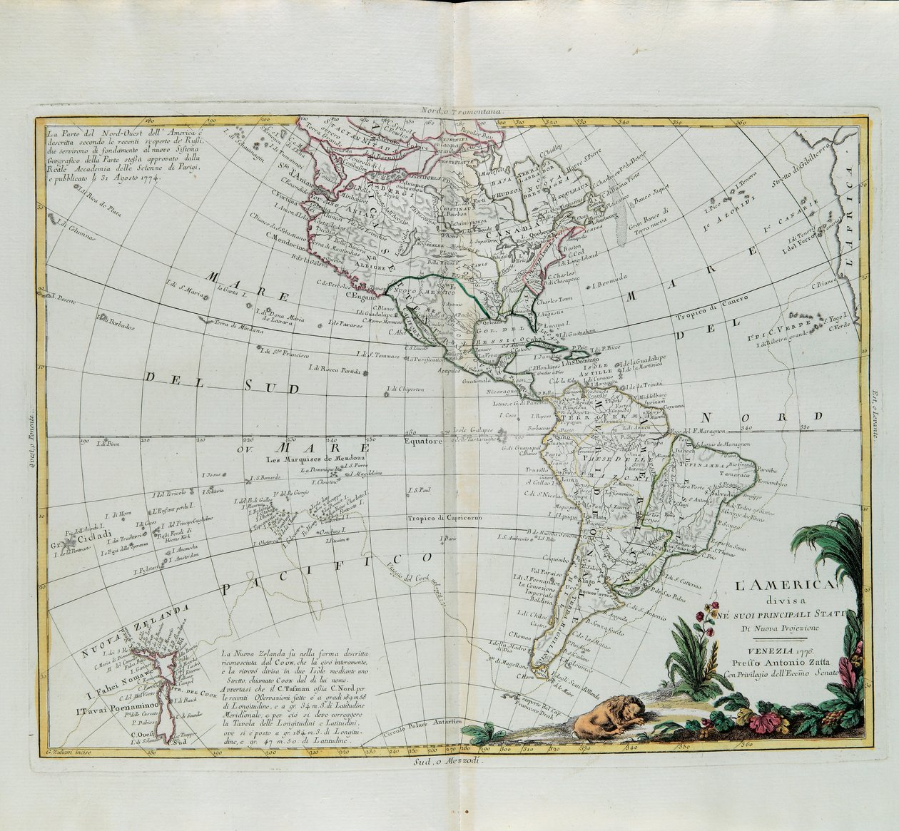 Amerika aufgeteilt in seine Hauptstaaten, Stich von G. Zuliani aus Band I des Neuesten Atlas, veröffentlicht in Venedig 1776 von Antonio Zatta, Privatsammlung von G. Zuliani