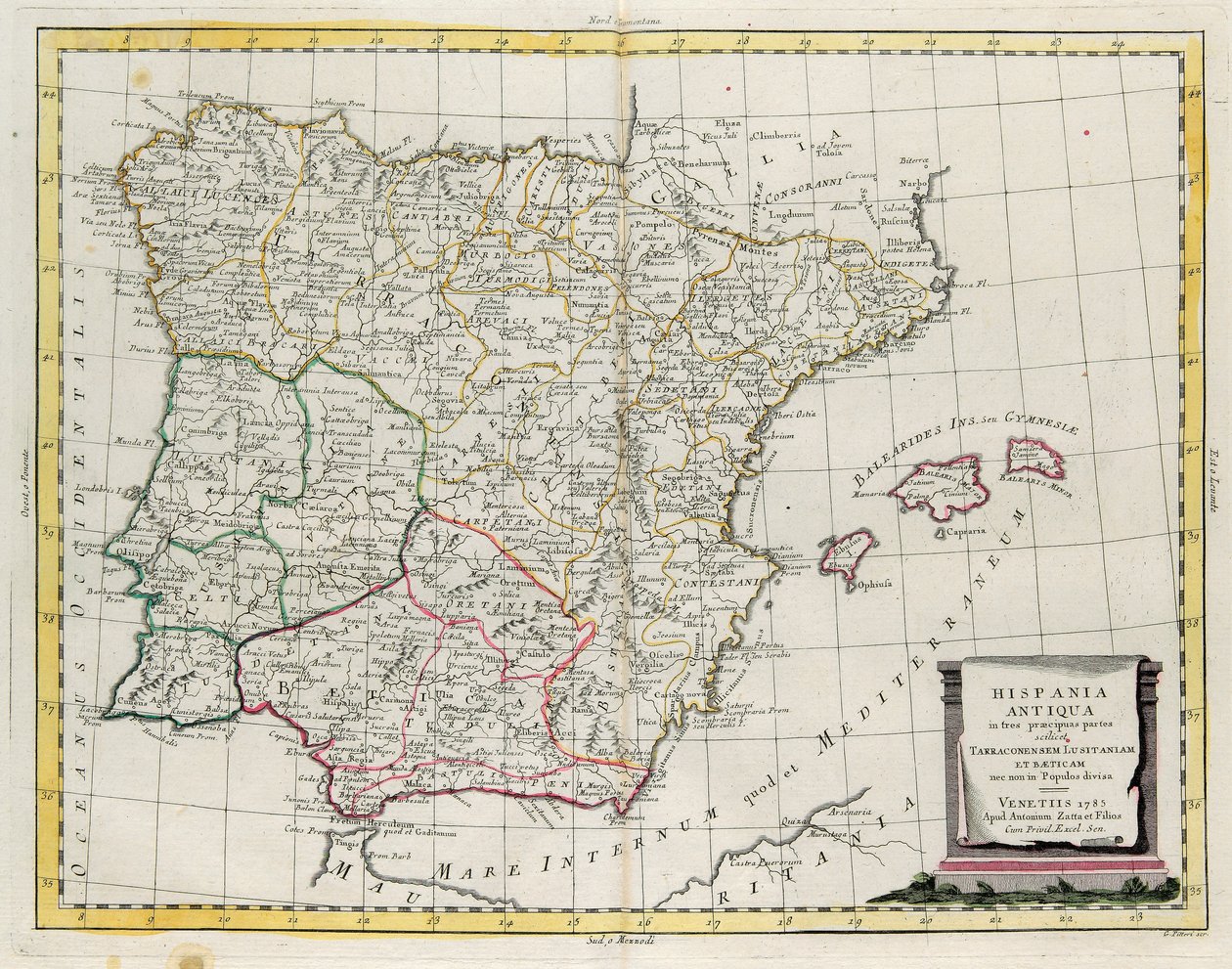 Das antike Spanien, unterteilt in drei Bereiche, nämlich Tarraconensis, Lusitania und Baetica und auch unterteilt in Völker, Stich von G. Zuliani aus Band I des "Neuesten Atlas" veröffentlicht in Venedig 1785 von Antonio Zatta, Privatsammlung von G. Zuliani