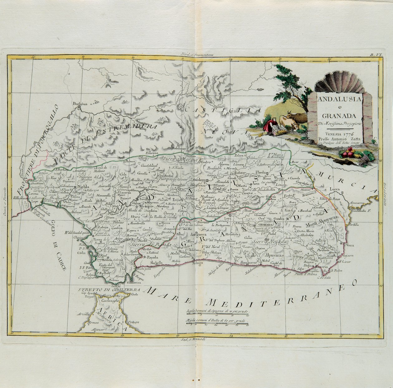 Andalusien und Granada, Stich von G. Zuliani aus Band I des Neuesten Atlas, veröffentlicht in Venedig 1776 von Antonio Zatta, Privatsammlung von G. Zuliani
