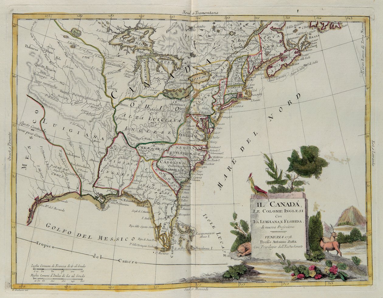 Kanada, die englischen Kolonien mit Louisiana und Florida, Stich von G. Zuliani aus Band I des Neuesten Atlas, veröffentlicht in Venedig 1778 von Antonio Zatta, Privatsammlung von G. Zuliani