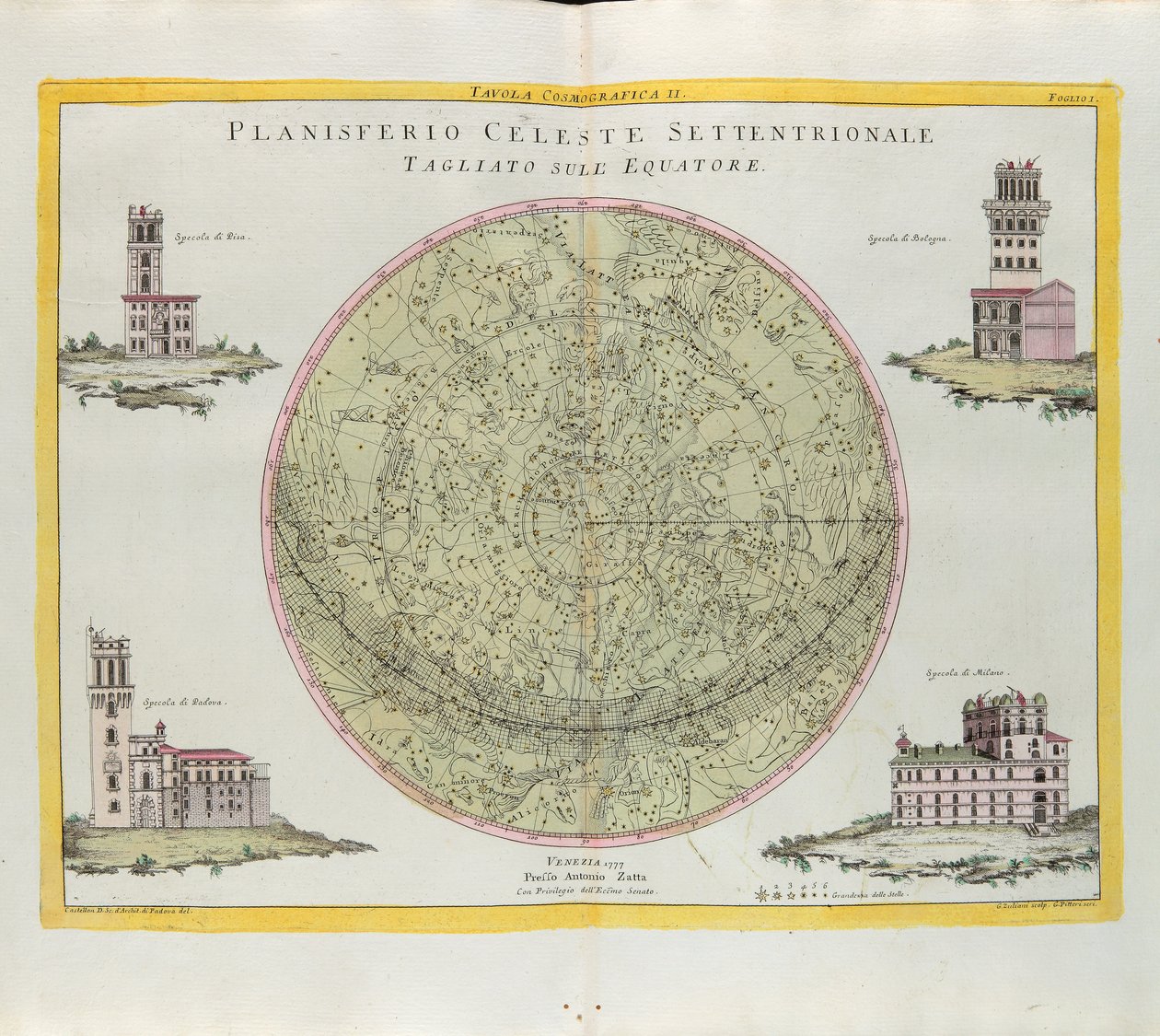 Kosmographische Tafel des nördlichen Himmelsplanisphären, am Äquator geschnitten, Gravur von G. Zuliani aus Band I des Neuesten Atlas, veröffentlicht in Venedig 1777 von Antonio Zatta von G. Zuliani